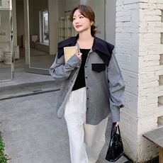 设计感拼接海军领条纹衬衫女2025秋季新款时尚宽松休闲小个子上衣，女装衬衫，维壹