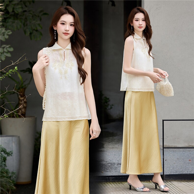 现货新中式轻熟气质2026夏季新款高级感印花钉珠马甲半身裙两件套，女装套装/套裙，火爆靓佳人