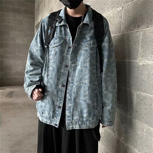 春秋季牛仔外套男女ins嘻哈高街腰果花宽松夹克潮牌复古JK001-P70图片