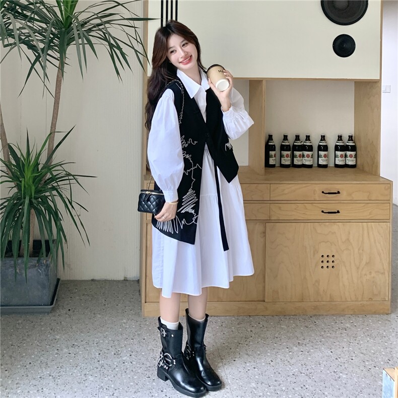 设计感不规则刺绣黑色马甲两件套连衣裙女秋新款小个子白色衬衫裙,女装套装/套裙,2C113