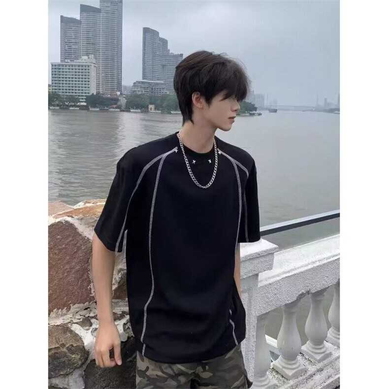 解构正肩短袖男款夏季设计感小众铆钉t恤美式高街痞帅半袖TX75,男装T恤,星座1116A（原606A-3）
