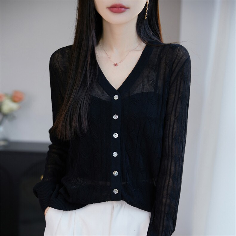 夏季薄款天丝亚麻V领针织开衫防晒衣女长袖毛衣外套宽松休闲通勤,女装蕾丝衫/雪纺衫,东远绒业