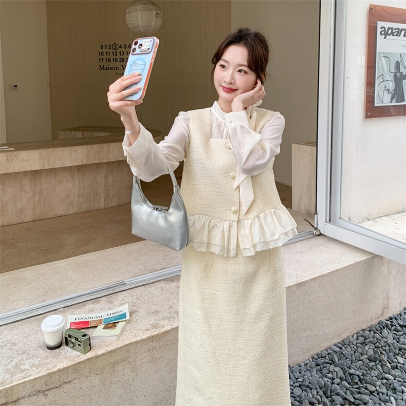 现货-2026年春季新款法式千金感蕾丝裙摆马甲半身裙三件套,女装套装/套裙,霓裳依族