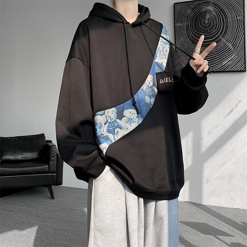 WASSUPHAPPY国风小熊刺绣拼接卫衣男春秋季潮牌大码休闲连帽外套,男装卫衣,电商A059