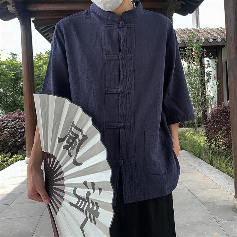 短袖中山装男青少年新中式国风男装亚麻衬衫复古盘扣kimono道袍潮,男装T恤,星座205-5