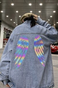 2021秋季新情侣港风夜景大码男反光炫彩翅膀印花牛仔外套NJ123P75图片