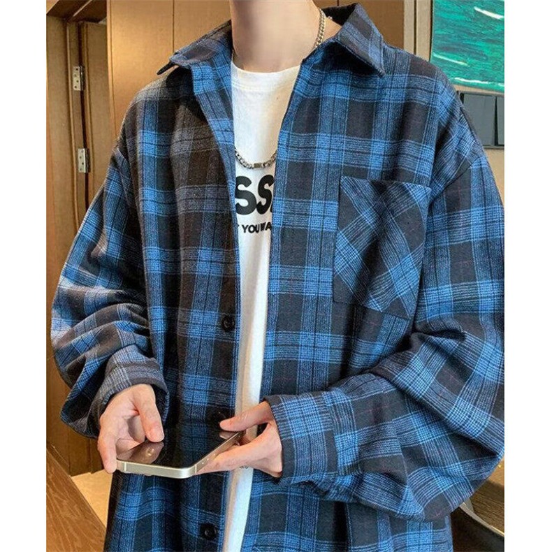 秋季日系复古格子翻领衬衫男女宽松痞帅情侣潮上衣外套C276,男装衬衫,星座1116A（原606A-3）