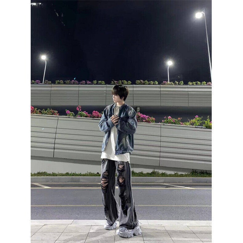 高街破洞牛仔裤男女宽松做旧阔腿裤美式直筒拖地裤情侣MA143-p52,男装牛仔裤,星座1008
