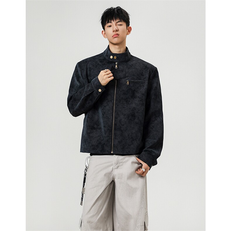 JK9922-P75控128秋季老钱风短款宽松夹克外套男潮牌扎染垫肩皮衣,男装夹克,电商A058-1（原电商C417）