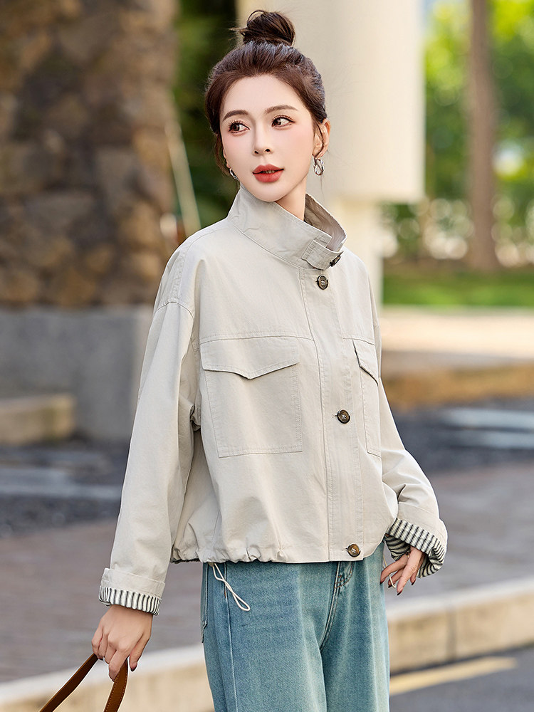 小个子时尚立领短款外套女2025春秋新款宽松百搭减龄休闲工装上衣,女装短外套,以桐