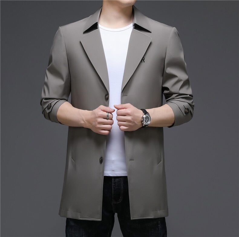 中年男士纯色压胶风衣中长款商务休闲秋季爸爸装外套ZL2009-P195，男装风衣，电商B212（原钱塘6029）