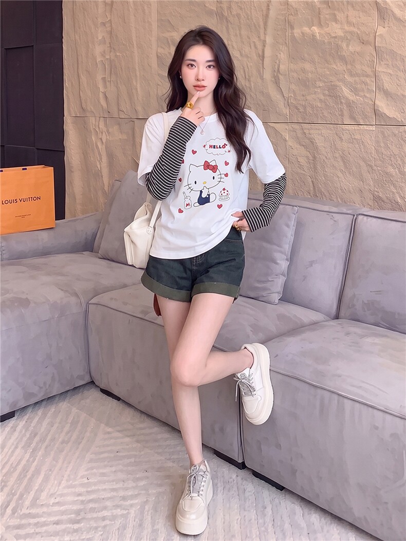 欧货俏皮减龄时尚套装夏季新款圆领卡通印花假两件上衣短裤两件套,女装套装/套裙,江南