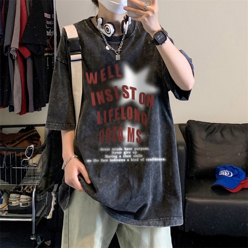 水洗做旧星星短袖t恤男夏季美式复古欧美高街潮牌hiphop重磅半袖,男装T恤,电商B371