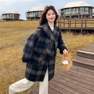 独特超好看韩系格纹双面呢大衣女秋冬2025新款加厚保暖羊毛呢外套图片