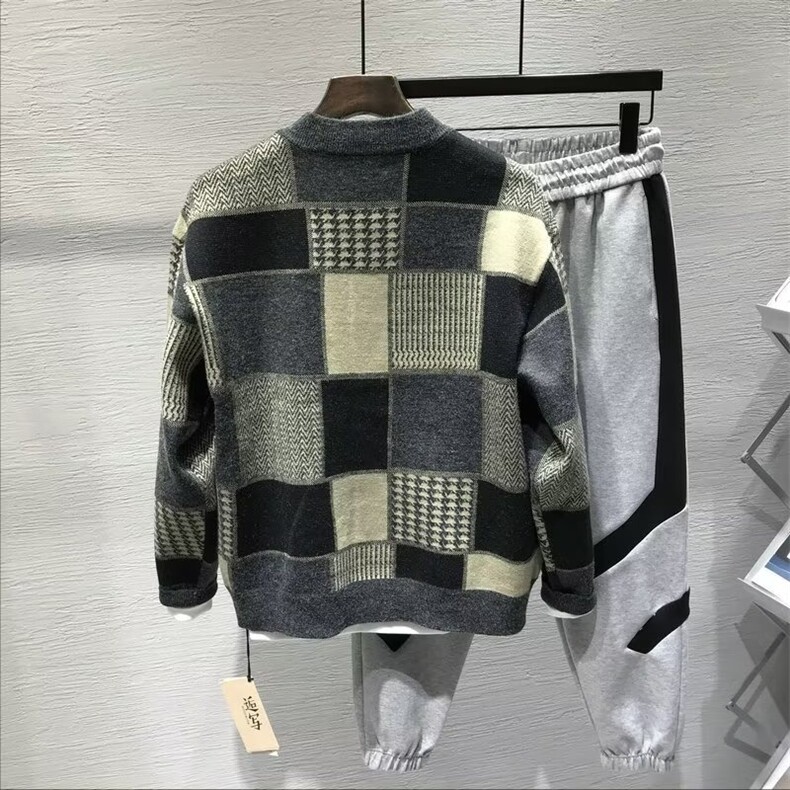复古格子秋翻领外套新款时尚潮长袖上衣男生开衫毛衣MY66048P65,男装针织衫/毛衣,星座1013-5