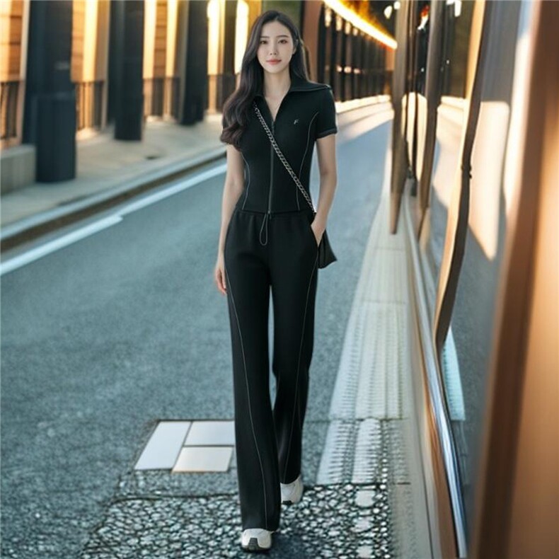 潮流时尚休闲运动套装女夏季新款显瘦气质翻领短袖卫衣长裤两件套,女装套装/套裙,江南