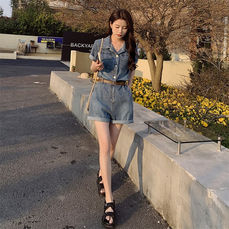 薄款牛仔连体裤女夏2024新款高级感爆款短裤连衣裤小个子港风,女装连体裤,新思路
