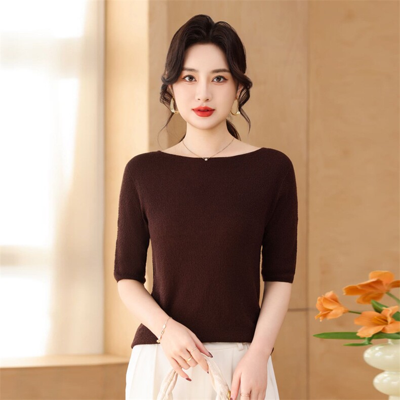 100%杨子纱超细羊毛肌理感树皮花一字领短袖，女装针织衫/毛衣，优麦羊绒（原洪叶羊绒）