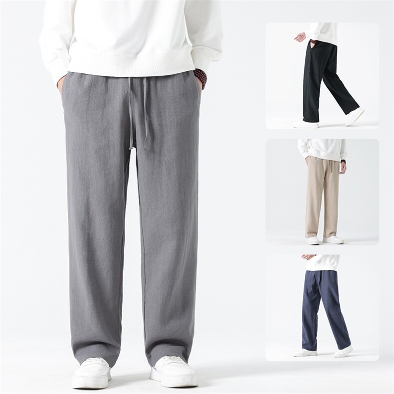 K601^休闲裤男直筒松紧腰纯色风宽松中年唐装亚麻长裤大码，男装休闲裤，钱塘777(原3023)