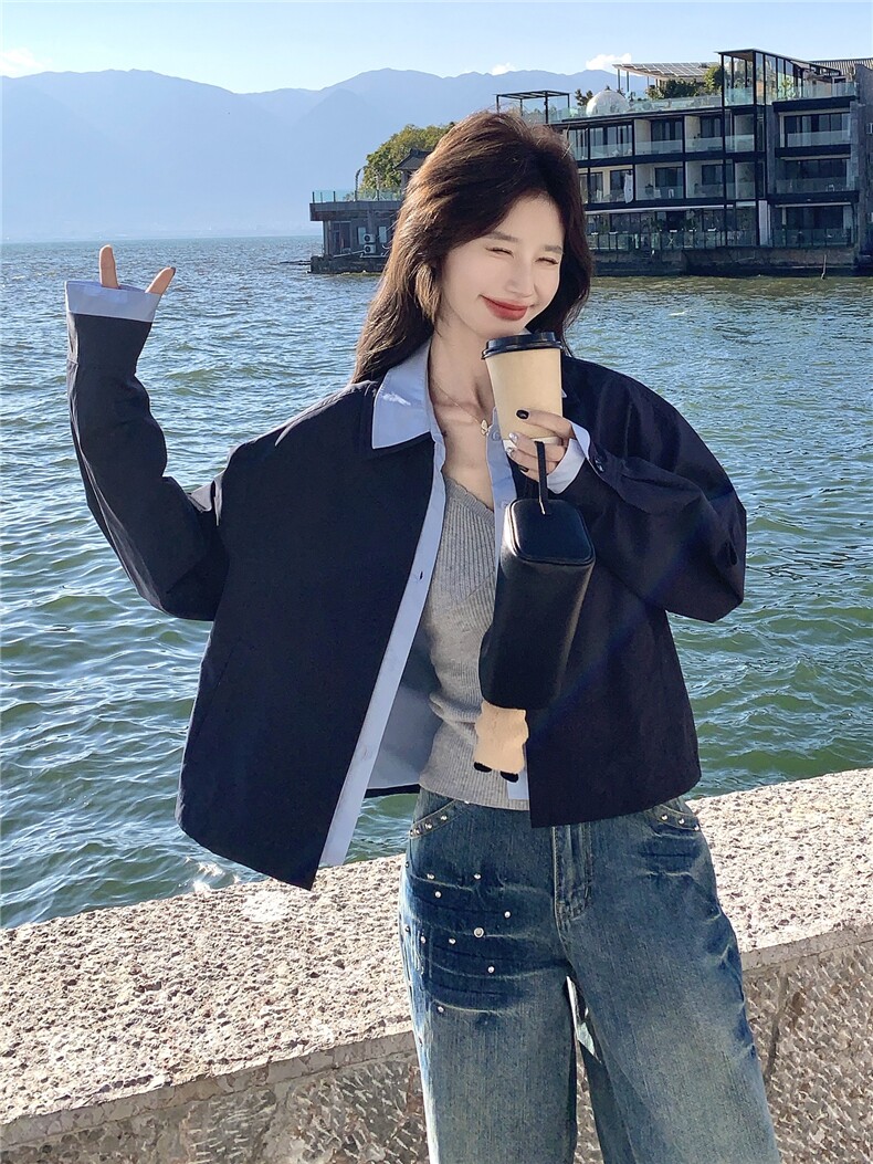 蓝色撞色衬衫领短款夹克外套女2026春秋新款韩系时髦减龄夹克显白,女装短外套,艾米莉亚