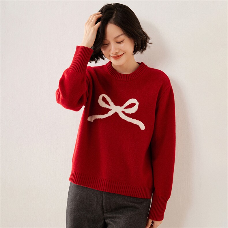 2025年秋季圆领长袖单件套头柔软加厚宽松蝴蝶结羊毛衫，女装针织衫/毛衣，伊绒腾羊绒