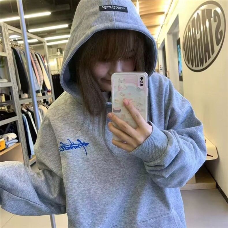 新款潮牌美式字母印花宽松百搭春秋重磅连帽卫衣情侣运动外套,女装短外套,星座1210-1