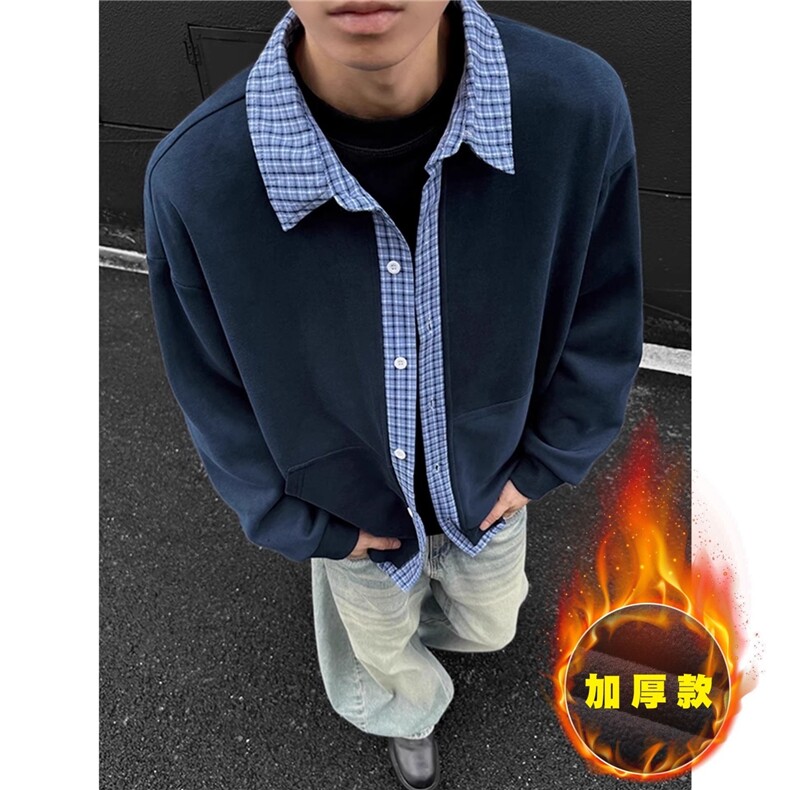 秋冬季新款假两件格子针织衫拼接休闲百搭外套WW70常规P47加绒52,男装针织衫/毛衣,四季星座505