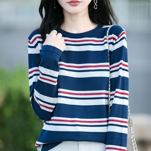 冰麻条纹针织长袖女T恤2025新款圆领宽松套头打底衫法式复古条纹图片