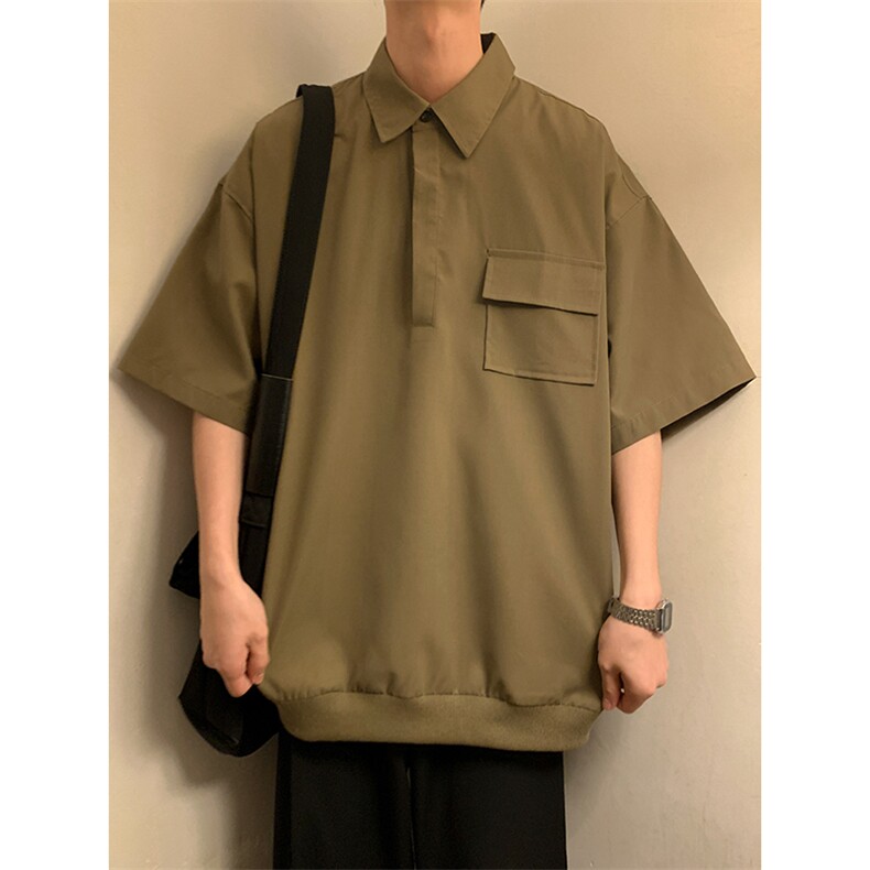 T6069/P35夏季简约短袖衬衫男设计感小众工装衬衣polo衫宽松T恤男,男装Polo衫,电商A141