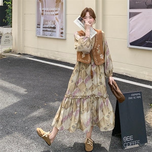 刺绣马甲配裙子套装女秋印花连衣裙两件套图片