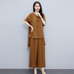 贵夫人妈妈休闲时尚套装女夏大码胖mm宽松遮肚藏肉阔腿裤两件套图片