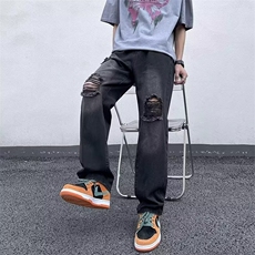 破洞牛仔裤男士日系做旧松紧腰潮牌炸街直筒黄泥色休闲裤~NK2223，男装牛仔裤，星座601-2