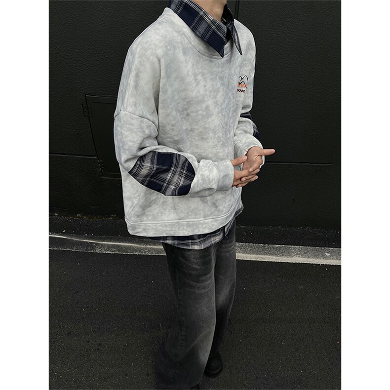 现货WY10095-P58加绒P68扎染撞色拼接格子假两件卫衣,男装卫衣,电商A059