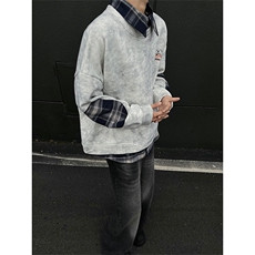 现货WY10095-P58加绒P68扎染撞色拼接格子假两件卫衣，男装卫衣，电商A059