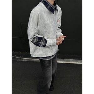 现货WY10095-P58 加绒P68扎染撞色拼接格子假两件卫衣图片