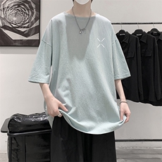 YT26305-P30亚麻短袖t恤男大码五分袖男宽松七分袖大皂风模特，男装T恤，电商A040