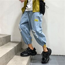 2021春夏季M84破洞九分裤韩版割烂牛仔裤基础男女裤港风Q，男装牛仔裤，星座1008