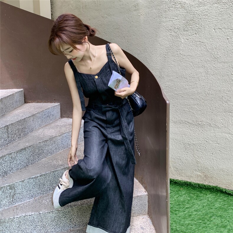 韩版复古牛仔连体裤女2025夏季新款气质时尚高级感显瘦休闲阔腿裤,女装套装/套裙,2C239