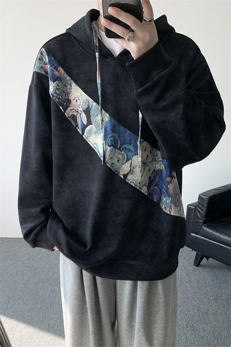 WY10200-特批40春季新款连帽设计感拼接撞色宽松大码扎染卫衣男,男装卫衣,电商A059