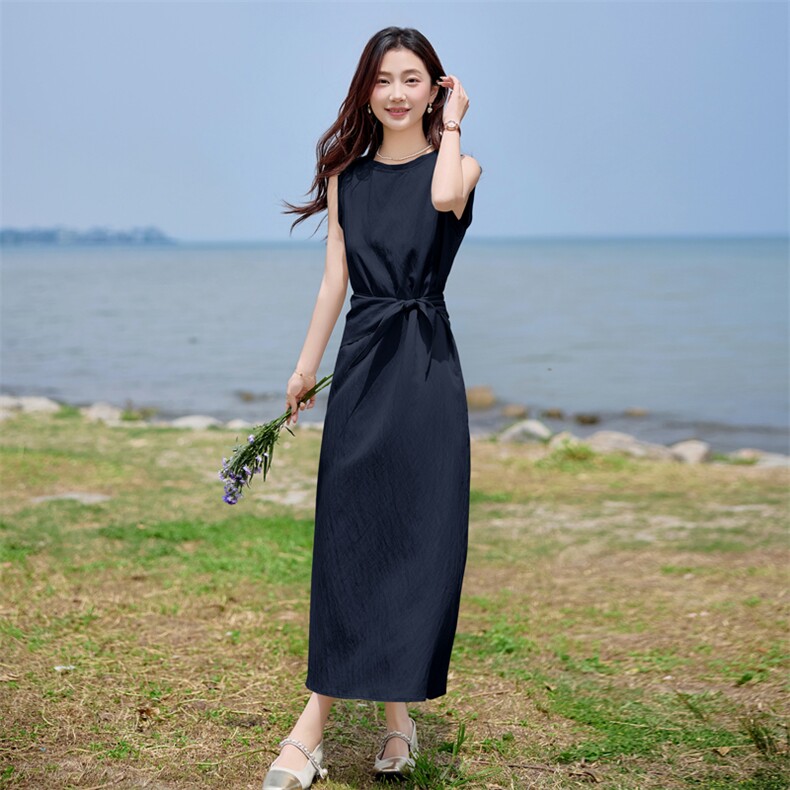 100%亚麻定制款肌理感网格布时尚文艺休闲显瘦无袖连衣裙,女装连衣裙,难舍钰依