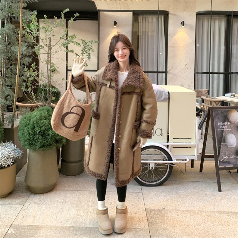 中长款羊羔毛外套女冬季新款韩系加绒加厚两面穿保暖皮毛一体大衣,女装毛呢外套,帛香坊