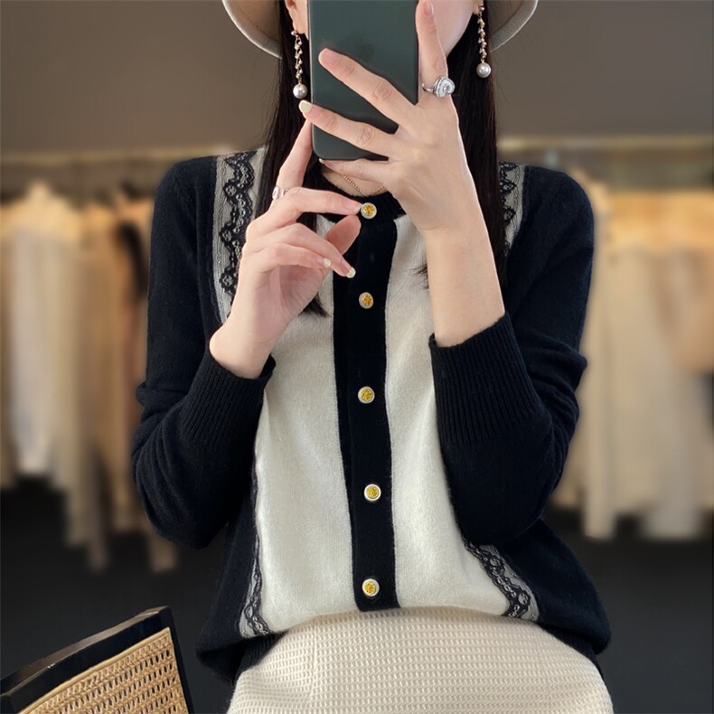 圆领羊毛衫女薄款2024秋冬新款拼色显瘦长袖,女装羊毛衫,鹿一羊绒