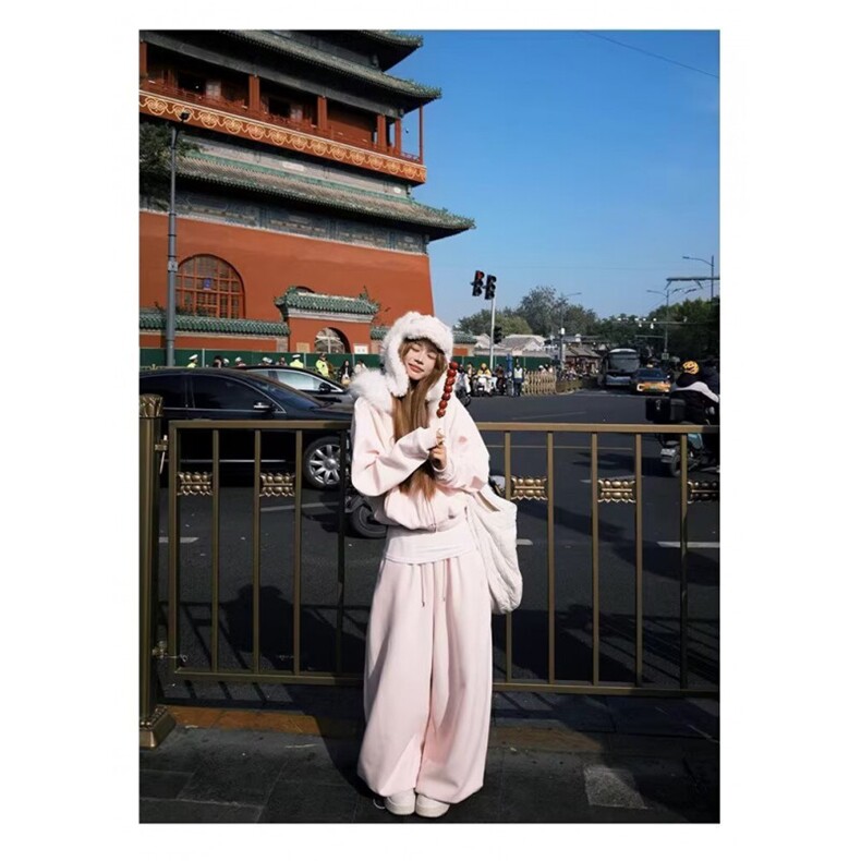 W11053-P58 网图现货 新款芭比粉高腰垂感宽松加绒拖地直筒裤图片
