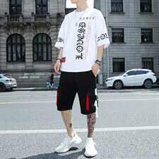 新款夏季潮流时尚T恤男装青少年宽松休闲圆领套装单衣F178P70，男装休闲套装，电商A086