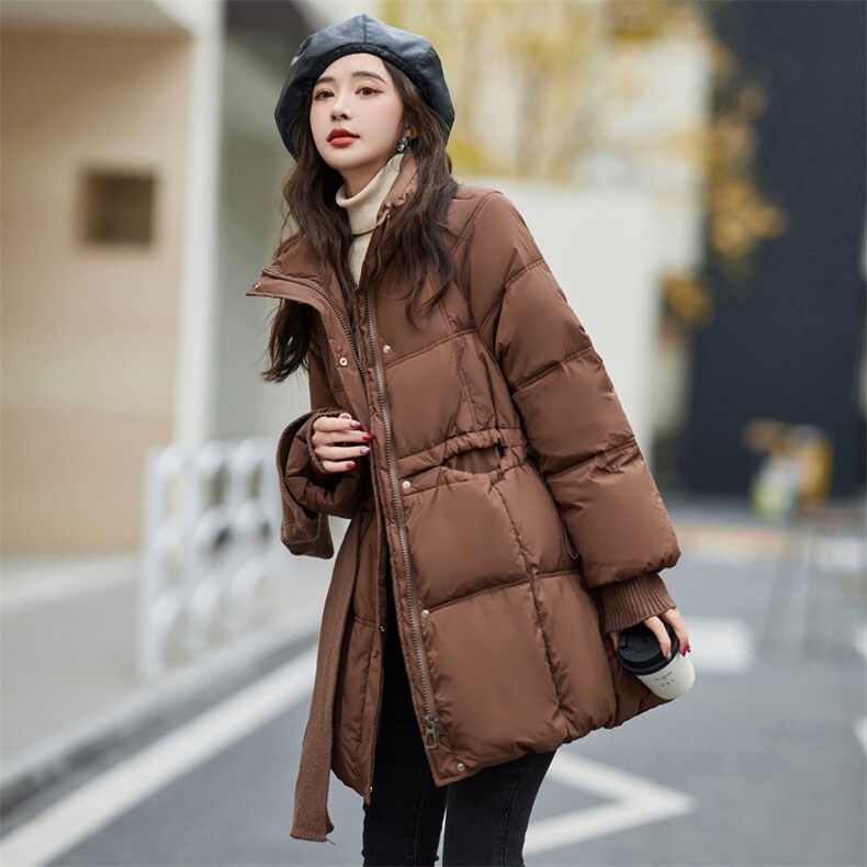 2024冬季新款可脱卸针织连帽围巾时尚简约中长款羽绒服,女装羽绒服,深水步