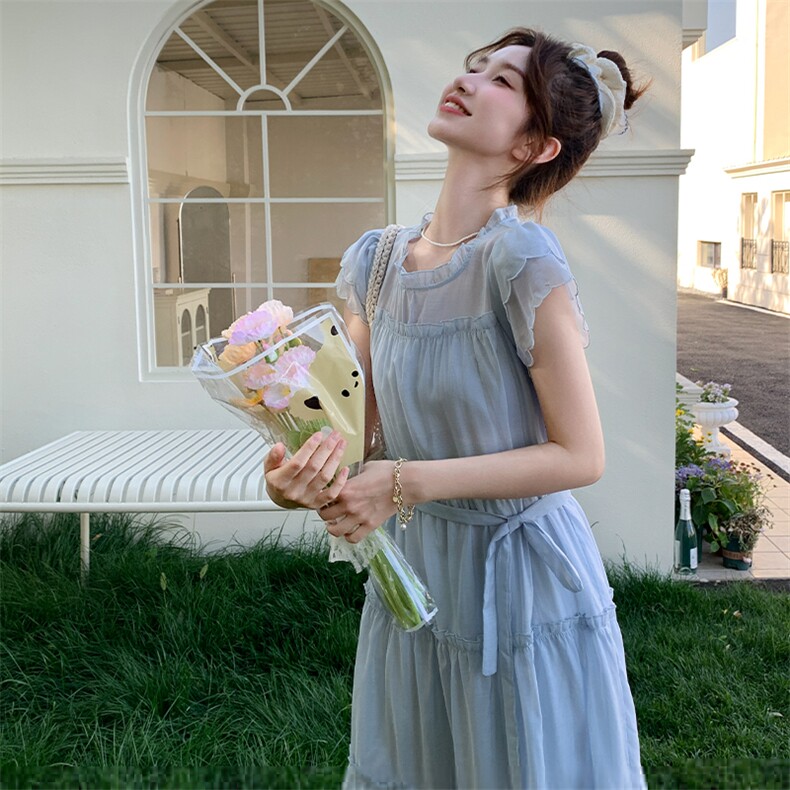 法式甜美减龄连衣裙女2025夏季新款韩版收腰显瘦圆领a字裙，女装连衣裙，莘蕾