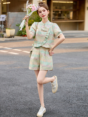 2025年新款木耳边新中式短裤套装女夏改良旗袍气质两件套，女装套装/套裙，橙子家