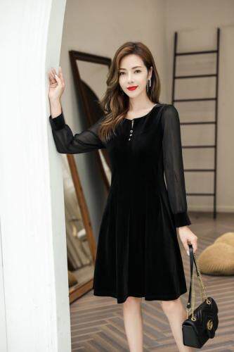 赫本风气质收腰串珠金丝绒连衣裙，女装连衣裙，茗格拉