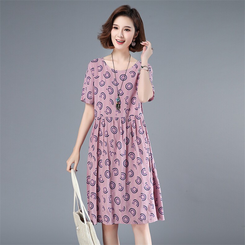 2021年夏季通勤韩版中长款A字裙40-49周岁印花圆点高腰短袖裙子,女装连衣裙,伊满意