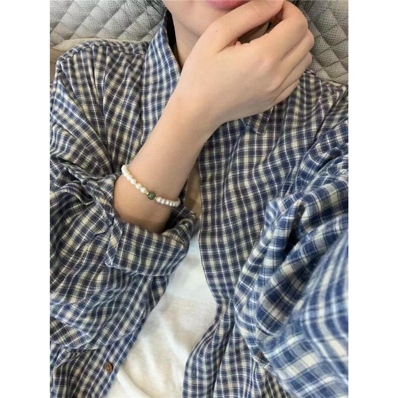 蓝色衬衫女秋季街头polo领格子衬衣休闲外套oversize美式复古上衣,男装衬衫,星座506A